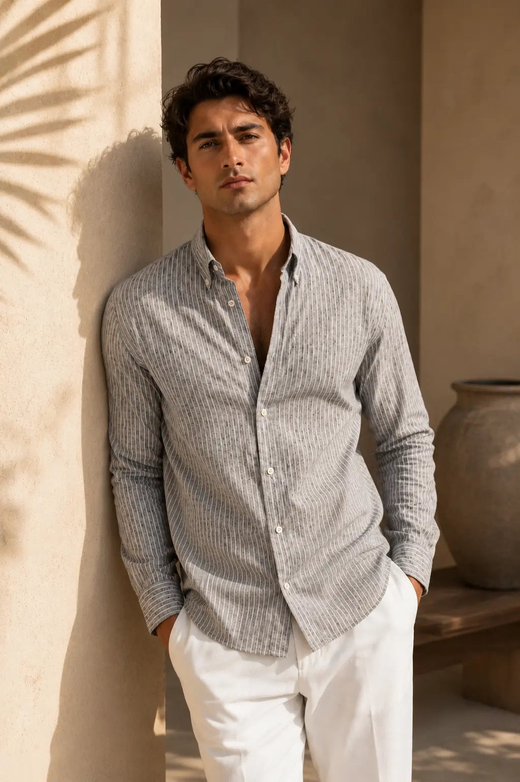 A man wearing a light gray and white vertically striped long-sleeve button-down shirt and white trousers, leaning against a sunlit beige wall.