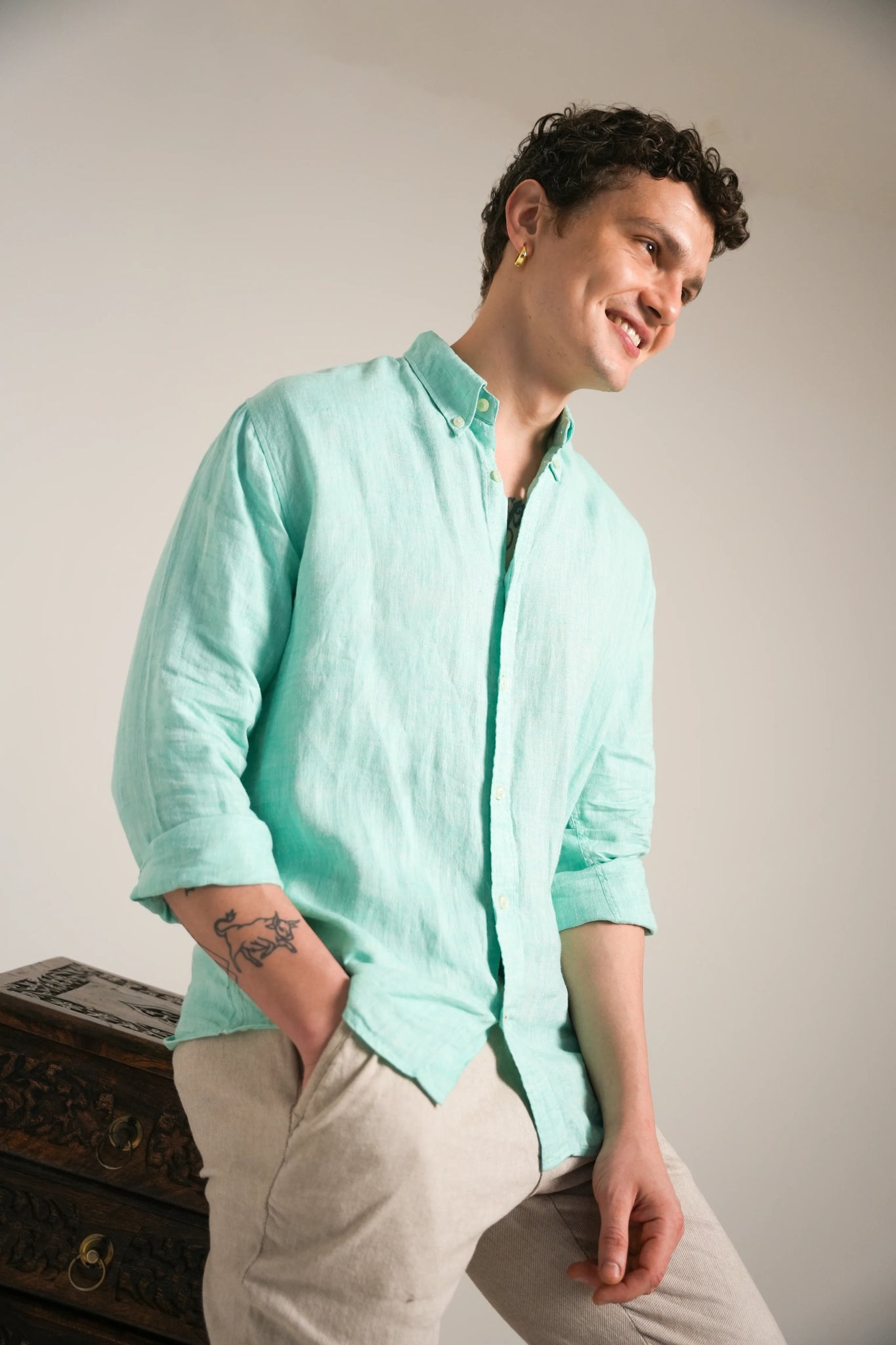 Aqua Verde Melange Linen Shirt