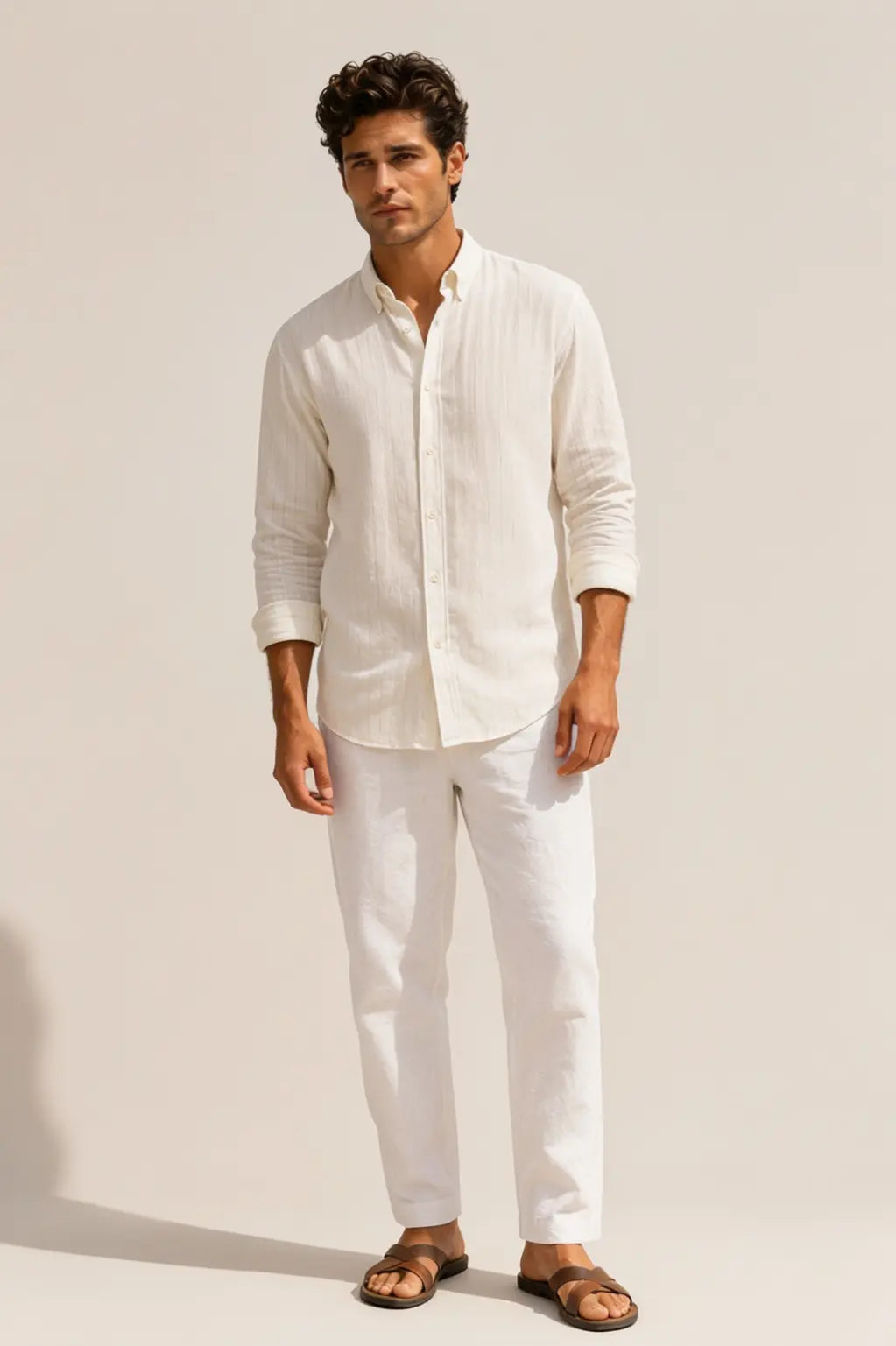 A man modeling a white long-sleeve linen button-down shirt and matching white trousers with brown leather sandals, standing against a warm beige studio background.