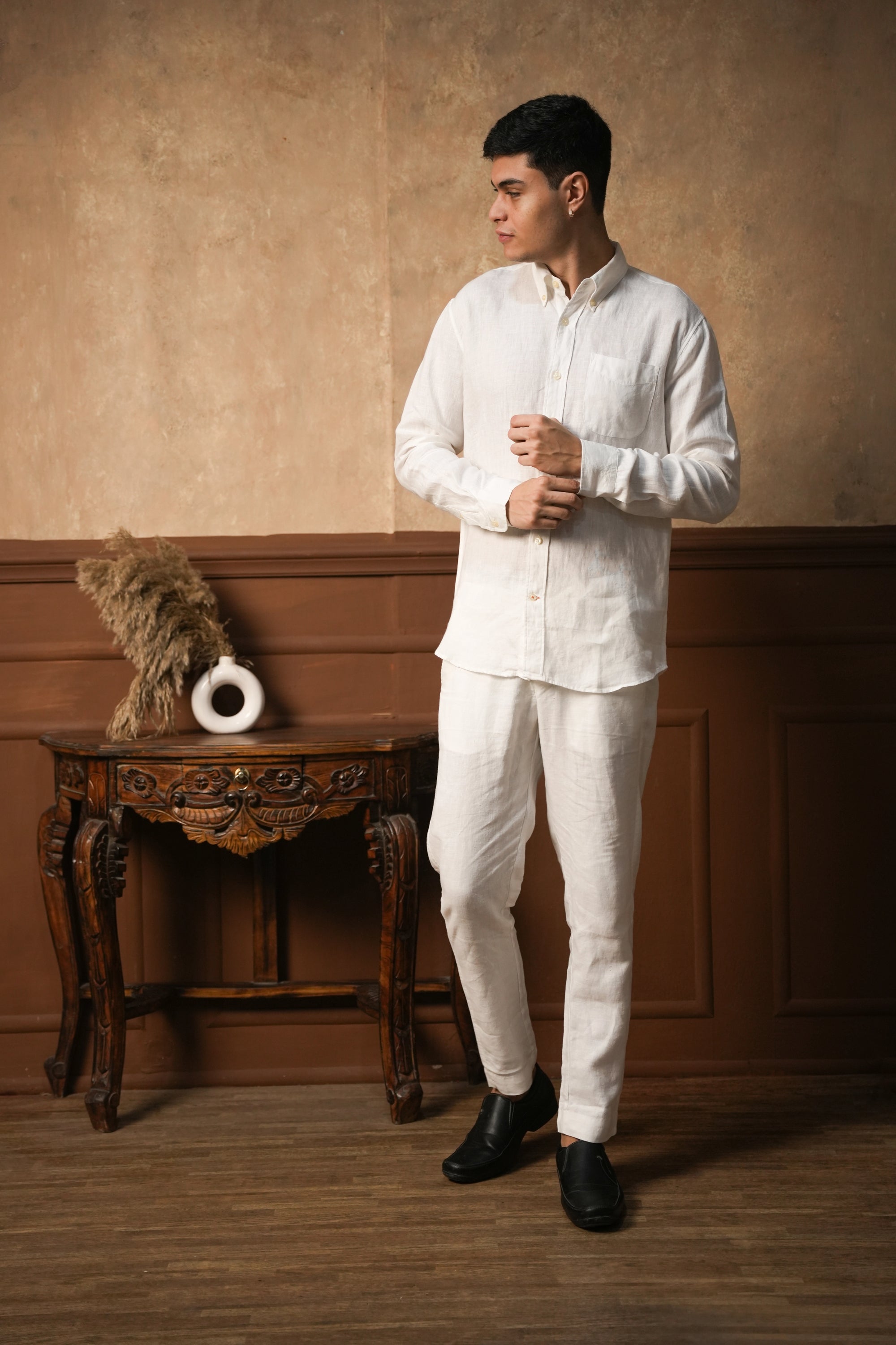 Ivory White Round Pocket Linen Shirt