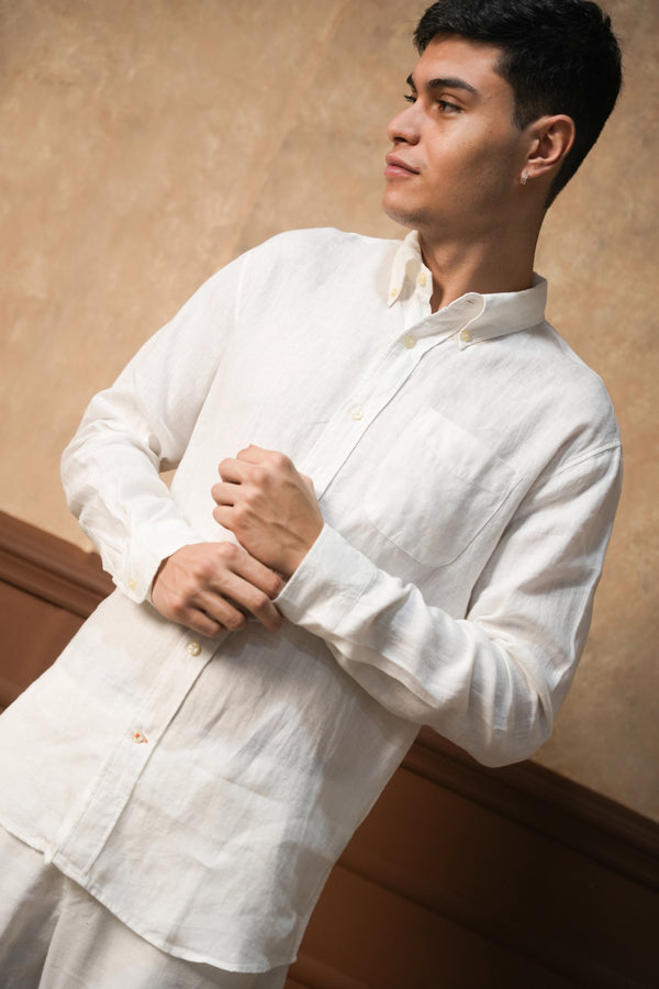 Ivory White Round Pocket Linen Shirt