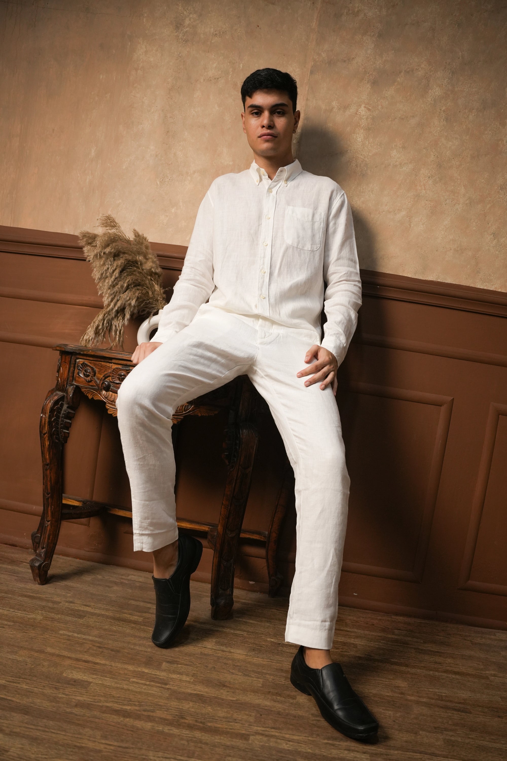 Ivory White Round Pocket Linen Shirt