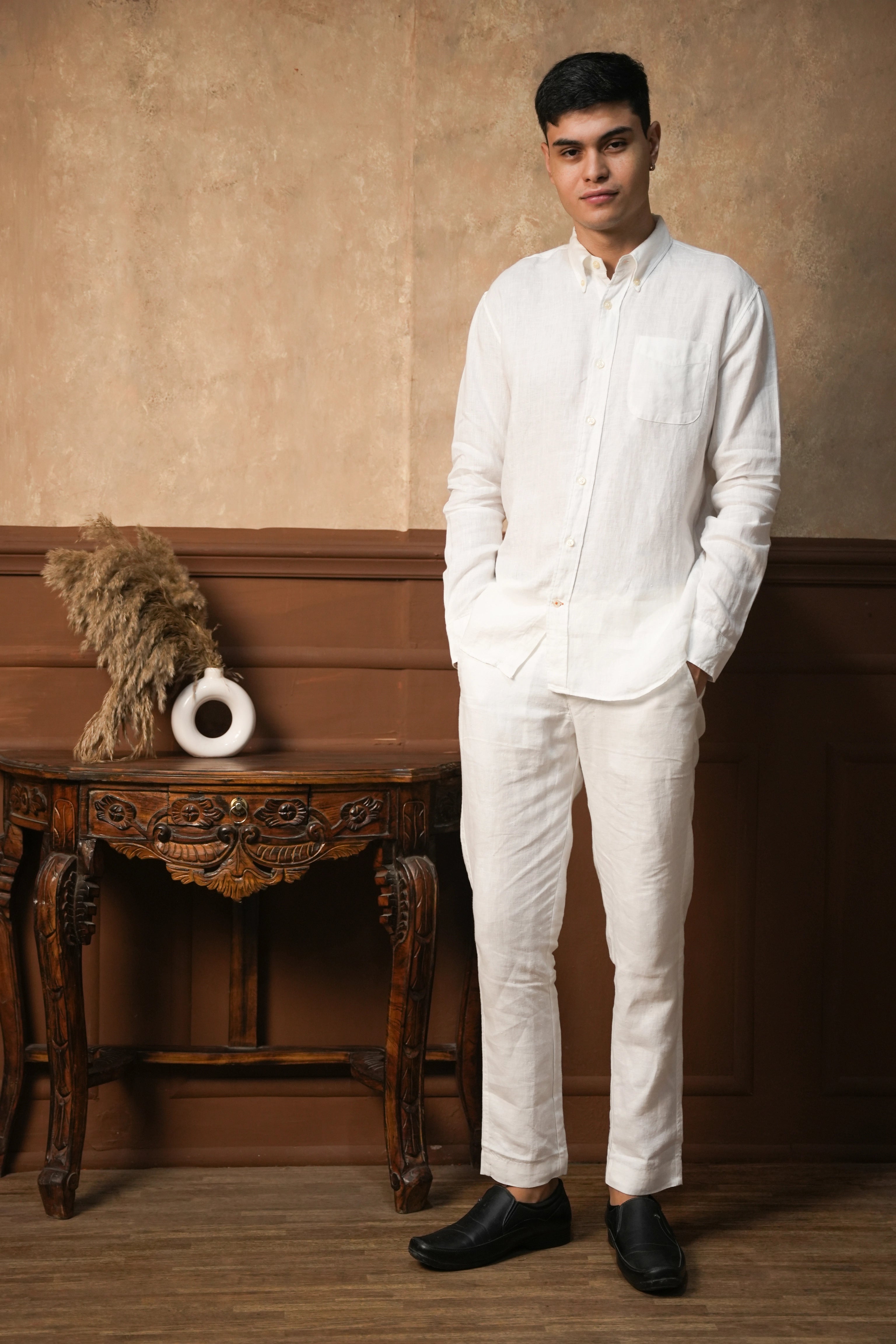 Ivory White Round Pocket Linen Shirt