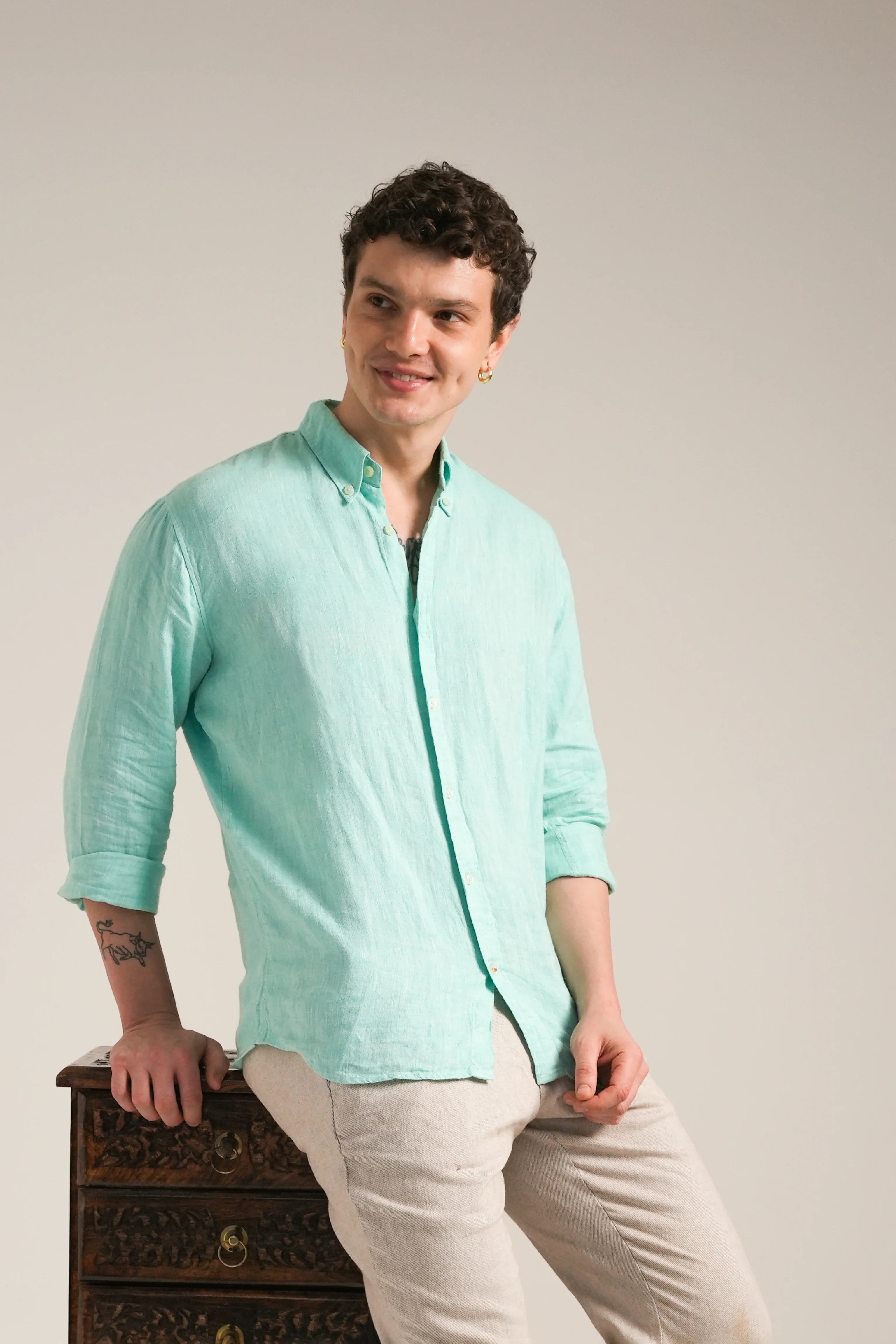 Aqua Verde Melange Linen Shirt