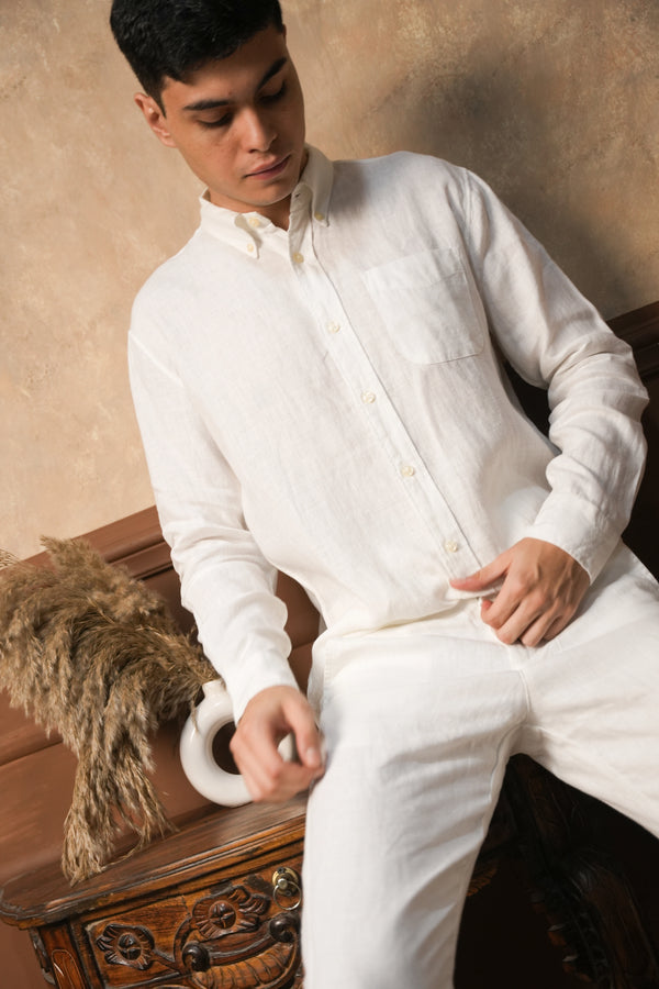 Ivory White Round Pocket Linen Shirt